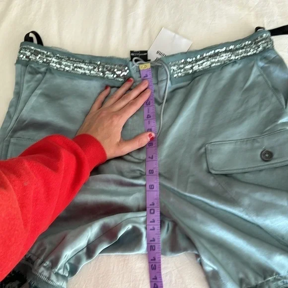 Anna Sui- NWT Teal Silk, Sequin and Velvet Cargo Pants - Picture 10 of 11